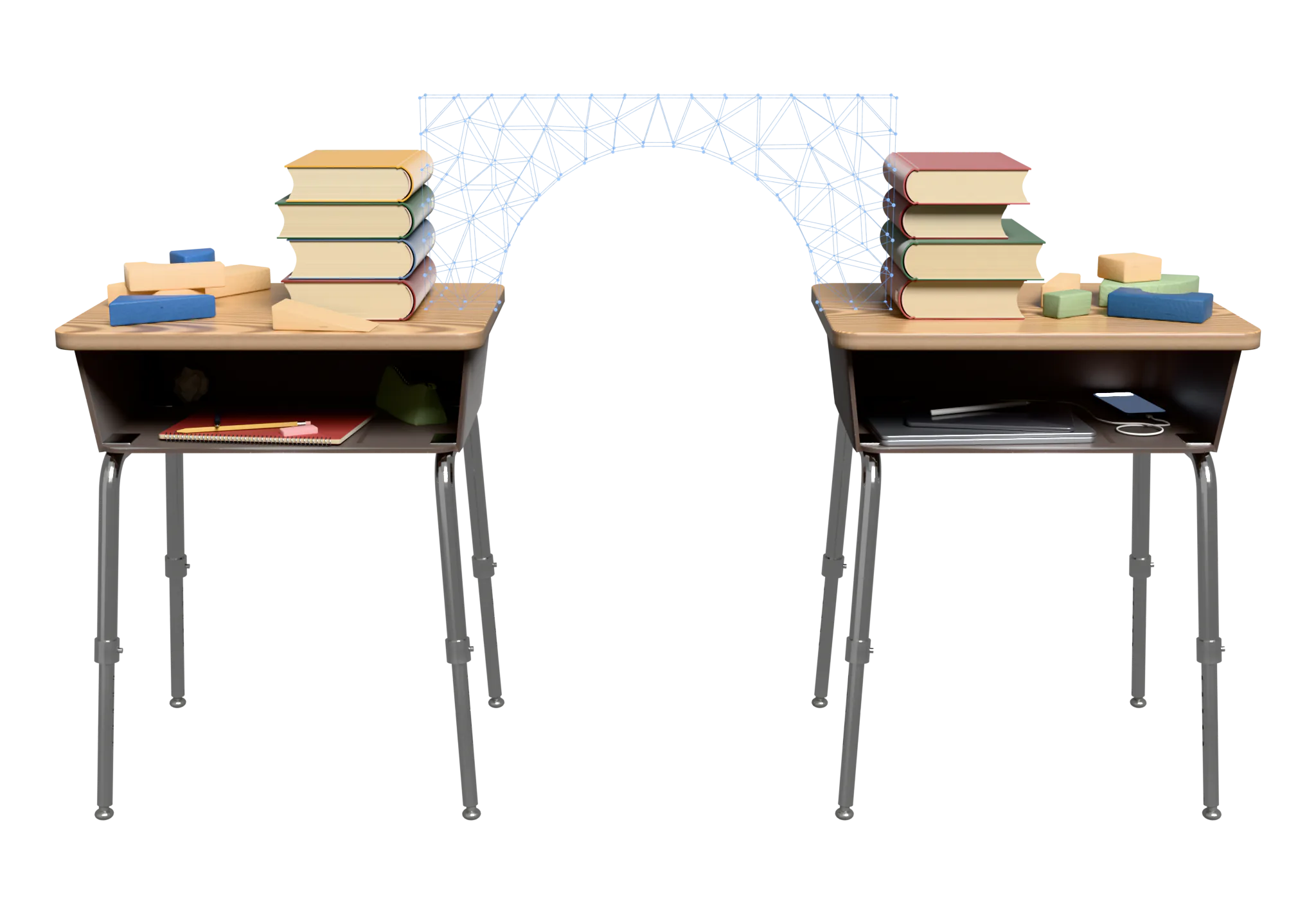 A blueprint arch drawn in wireframe across the gap between two school desks