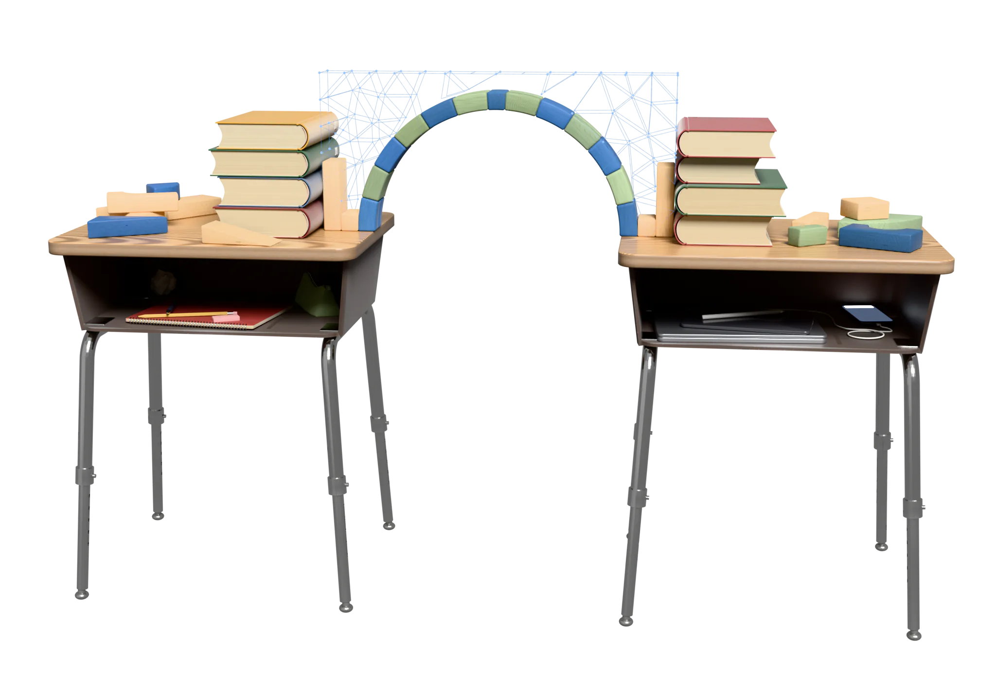 Wooden blocks part-way through building the arch along the blueprint