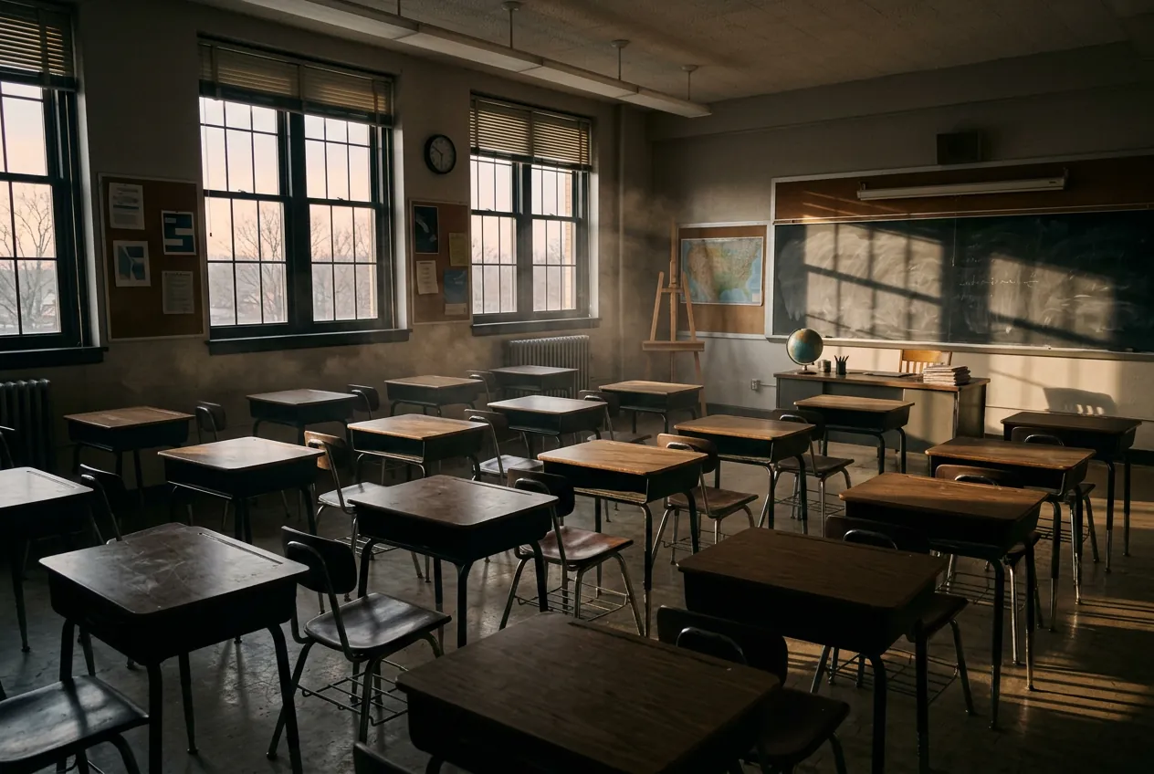 An empty classroom in early morning light