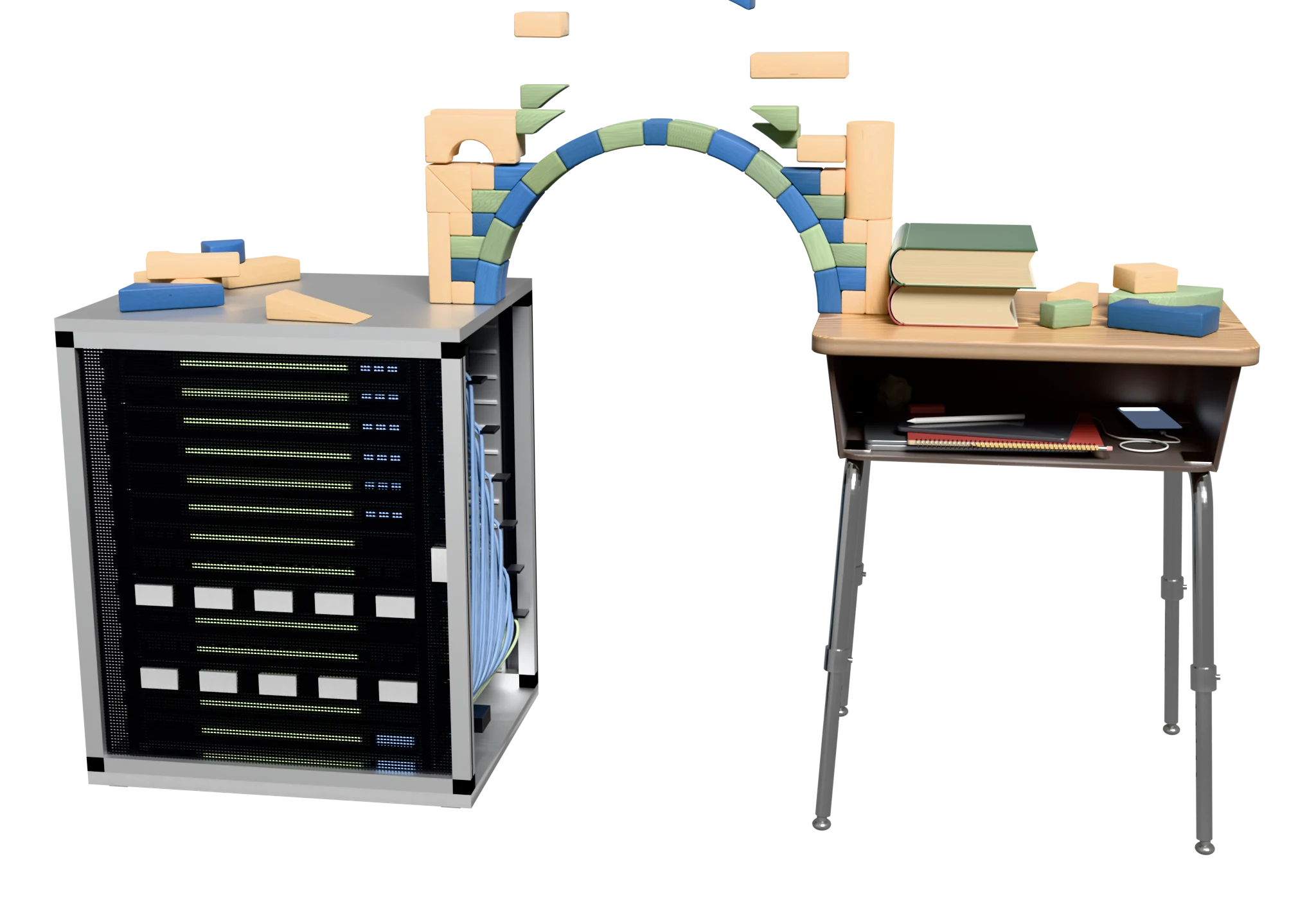 An arch of toy blocks under construction between a server rack and a school desk, carrying the span from one to the other as the last blocks fall into place