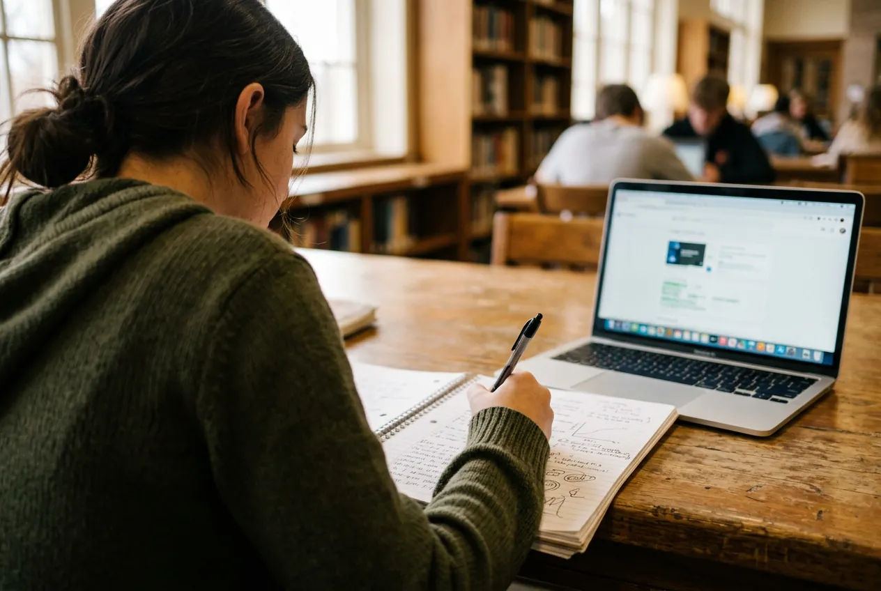 A student taking notes beside a laptop